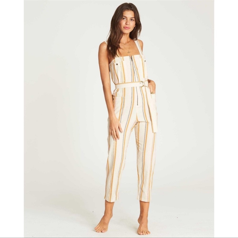 Billabong Striped Linen Jumpsuit in White and Tan - Picture 2 of 11